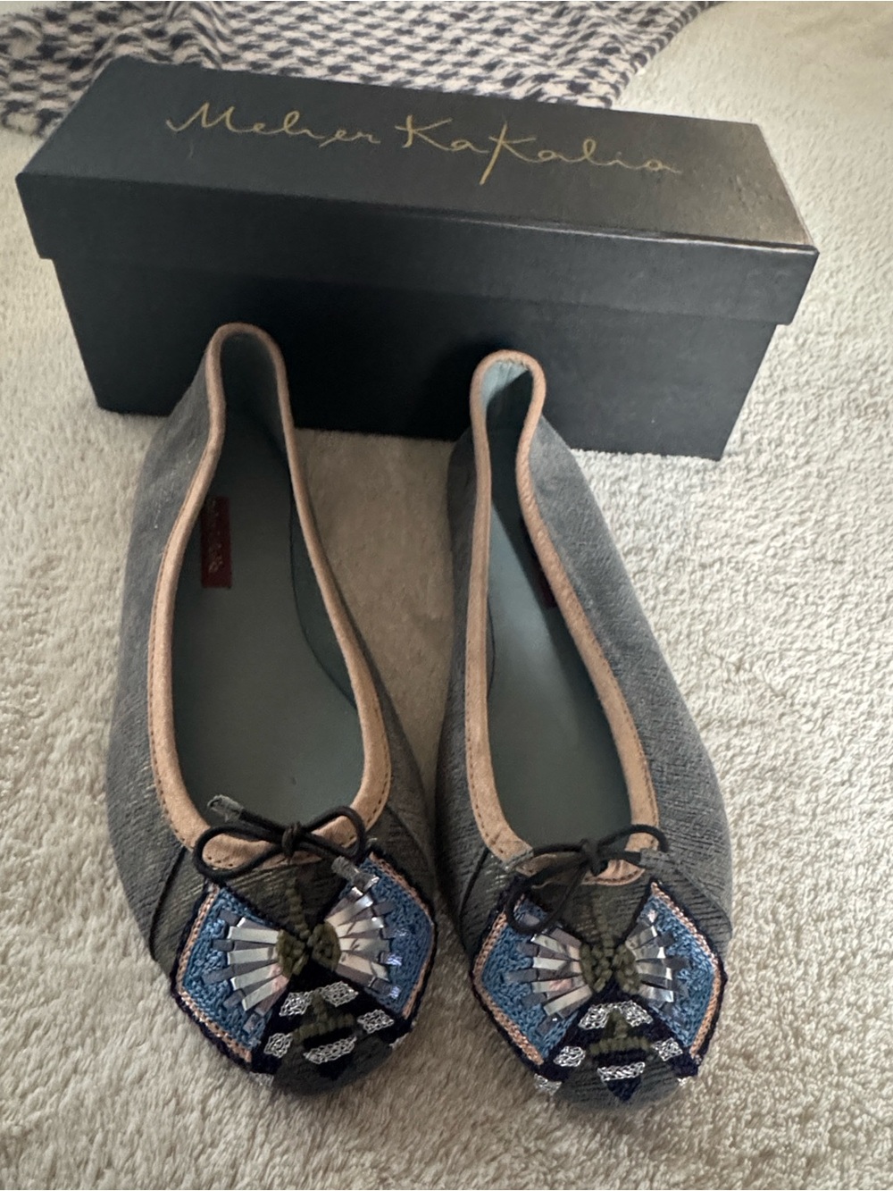 Meher Kakalia Tiki Shimmery Beaded Leather Ballet Flats Size 39